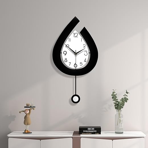 Decorative Wall Clock for Living Room Decor Large Modern Wall Clocks with Pendulum Battery Operated for Bedroom Office Kitchen Home Small Black Silent Wall Clock Non Ticking 11.8*22.4 Inch