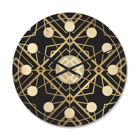 Designart 'Black and Gold Art Deco Pattern' Mid-Century Modern Wood Wall Clock