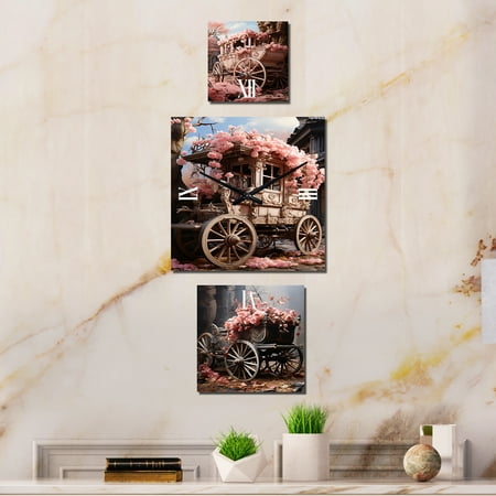 Designart Pink Carriage of Romance Old American Cart Oversized Modern Clock - Set Of 3 - Extra large Clock For Office Décor - Large Vertical Clock