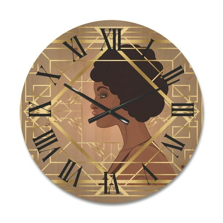 Designart 'Retro Girl In Golden Art Deco Geometrics II' Modern Wood Wall Clock