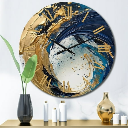 Designart Strokes in Dark Blue and Gold VI Abstract Oversized Wall Clock