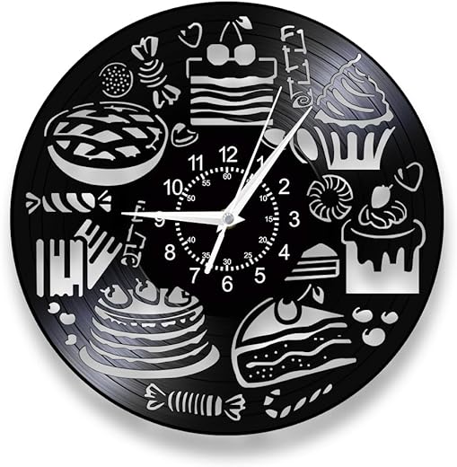 Dessert Shop Wall Clock, 12 Inch Bread Sweets Cupcake Kitchen Wall Clock, Silent Quartz Non Ticking Battery Operated Modern Decorative Analog Vinyl Record Wall Lamp Clock Watch for Bakery