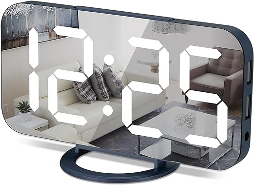 Digital Alarm Clock, Large Mirrored LED Display, with 2 USB Charger Ports,Auto Dim,Snooze Function, 7 Inch Modern Desk Electronic Clocks for Bedroom Office Home Living Room - Blue