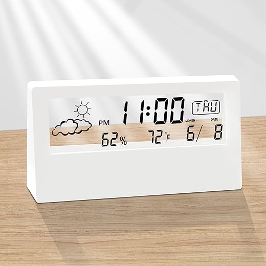 Digital Alarm Clock,Transparent Modern Design, Temperature, Humidity, Snooze, Aesthetic Home & Office Decor, Battery Operated Desk Clock for Office,Living Room,Shelf, Bedroom, White