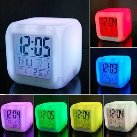 Digital Alarm Thermometer Night Glowing Cube 7 Colors Clock LED Change LCD for Bedroom Child Random Cover Pattern Style