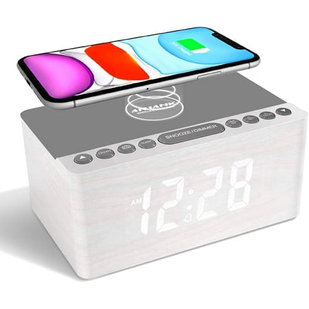 Digital Led Alarm Clock Fm Radio, Fast Wireless Charger Station for Iphone/Samsung Galaxy, Level 5 Dimmer, Usb Charging Port, 2 Sounds, Sleep Timer for Bedroom, Bedside, Desk-Wood