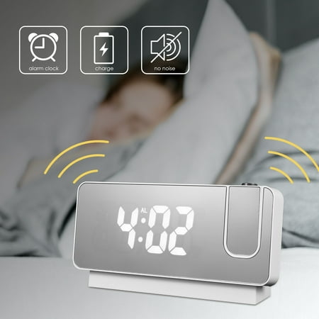 Digital Projector Alarm Clocks for Kids Bedroom, Plug-in LED Display Clock with 360° Projection on Ceiling Wall-White