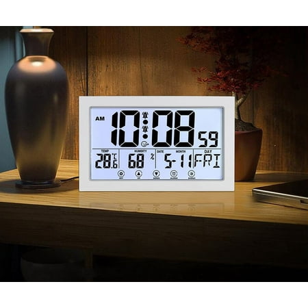 Digital Wall Clock with 7.9 Extra large display Calendar Alarm Clock with date and Week, temperature, USB charger and 2 alarm clocks for Office, living room, bedroom, LED Desk clock for seniors