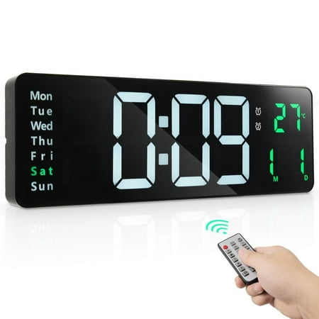 Digital Wall Clock with Remote, 16 Large LED Digital Clock with Time/Date/Week/Temperature Display, Wall-Mount Clock with Auto Dimming & 10 Brightness Levels for Living Room, Gym, Store