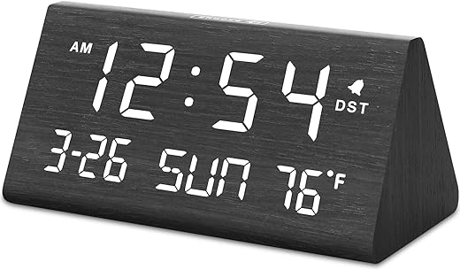 DreamSky Digital Alarm Clocks for Bedrooms - Wooden Electric Clock with USB Ports, Date, Weekday, Temperature, 0-100% Brightness Dimmer, Adjustable Alarm Volume, Snooze, Auto DST