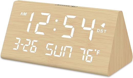 DreamSky Digital Alarm Clocks for Bedrooms - Wooden Electric Clock with USB Ports, Date, Weekday, Temperature, 0-100% Brightness Dimmer, Adjustable Alarm Volume, Snooze, Auto DST