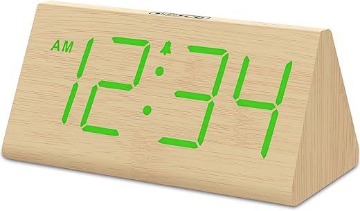 DreamSky Wooden Digital Alarm Clocks for Bedrooms - Electric Desk Clock with Large Green Numbers, USB Port, Battery Backup Alarm, Adjustable Volume, Dimmer, Snooze, DST, 12/24H, Wood Décor (Green)