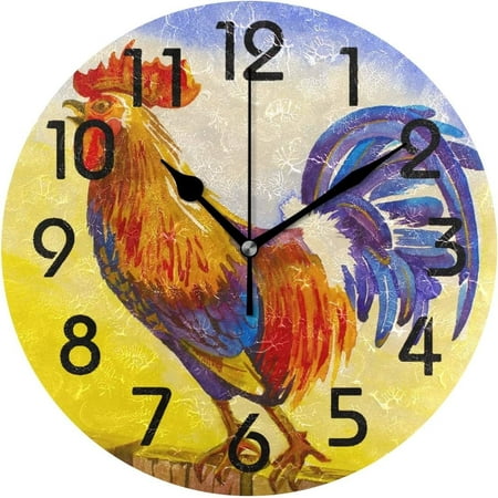 Dreamtimes Beautiful Rural Crowing Cock Rooster Print Round Wall Clock Decorative, 10 Inch Battery Operated Quartz Analog Quiet Desk Clock for Home,Office,School