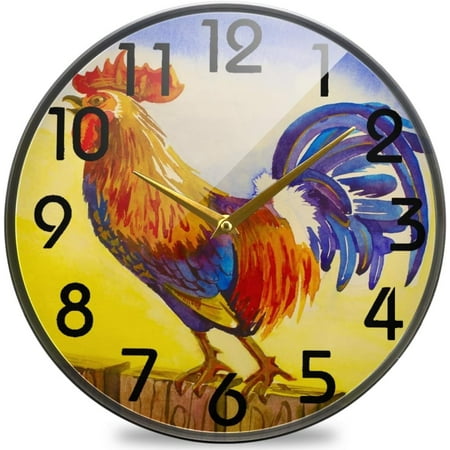 Dreamtimes Beautiful Rural Crowing Cock Rooster Round Wall Clock, 12 Inch Silent Battery Operated Quartz Analog Quiet Desk Clock for Home,Office,School,Coffee Shop