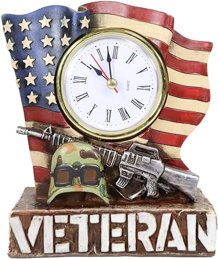 Ebros Gift Patriotic American Veteran Military Fallen Soldier USA Old Faithful Flag Rifle and Tactical Camo Helmet Desktop Table Clock Figurine Roman Numerals Analog Clocks