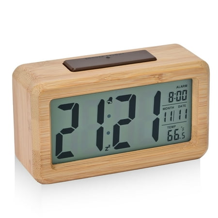 Electime Bamboo Digital Alarm Clock with Smart Sensor Night Light, Month, Date, Temperature and Snooze, Bedside Clock for Kids Adults, Battery Powered