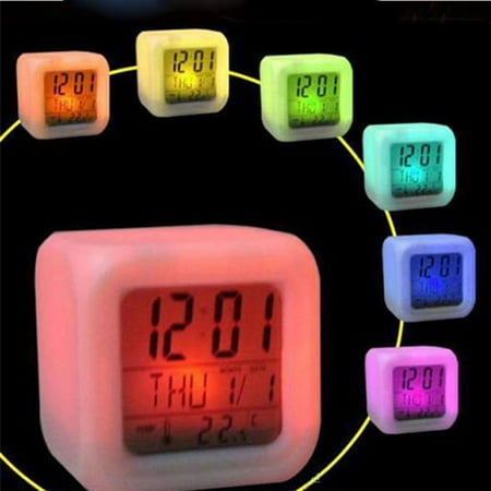 Elenxs 7 Colors LED Changing Digital Alarm Clock Desk Thermometer Night Glowing Cube LCD Clock Home Decoration