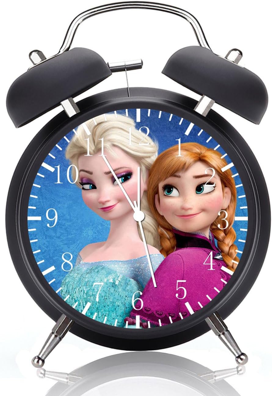 Elsa and Anna Clock Desk Clock Twin Bell with Night Light Quite Silent Non-Ticking 4 Inches Glass Face - Great Decor for Home or Office – Best Gift Ideas for Birthday or Holidays W475