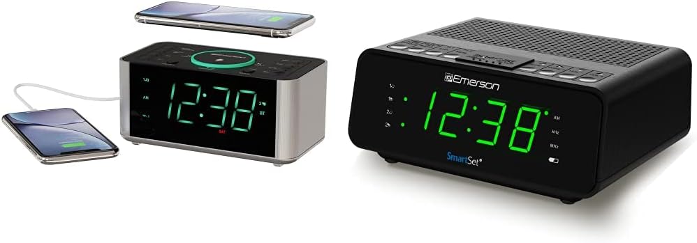 Emerson Alarm Clock Radio and QI Wireless Phone Charger with Bluetooth, ER100202 & Emerson SmartSet Alarm Clock Radio with AM/FM Radio, Dimmer, Sleep Timer and .9'' LED Display, CKS1900 (Black)