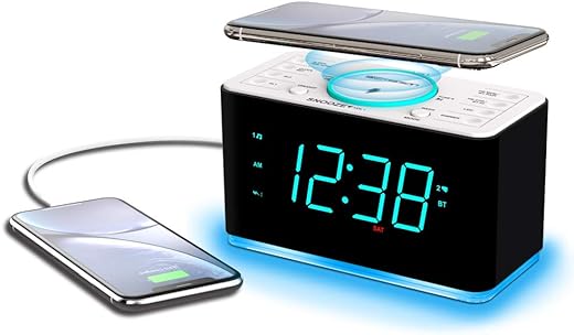 Emerson ER100401 Smartset 15Watt Ultra Fast Wireless Charging Dual Alarm Clock Radio with Bluetooth Speaker, USB Charger, Cyan LED Night Light and 1.4" Display