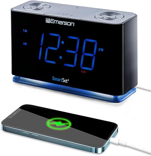 Emerson Smartset Radio Alarm Clock, 1.4" Blue LED Digital Display, USB Charging Port, Brightness Dimmer Controls, Bluetooth Connectivity, Set Alarm to Radio, Music, or Buzzer, Bedside Clock, Black