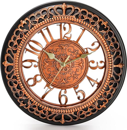 Fasmov 12'' Vintage Bronze Round Wall Clock, Battery Operated, Silent Non-Ticking, Decorative for Living Room, Kitchen, Office