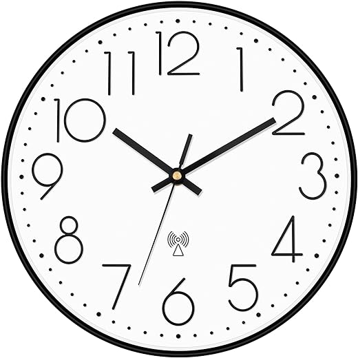 Foxtop Atomic Wall Clock, 12 Inch Self-Setting Wall Clock, Battery Operated Round Modern Clock for Office Classroom School Living Room Bedroom Kitchen Home, Black