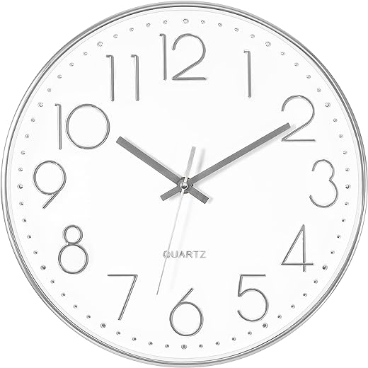 Foxtop Silver Wall Clock Silent Non-Ticking Battery Operated Round Modern Wall Clock for Office School Home Living Room Bedroom Bathroom Kitchen Decor 12 inch