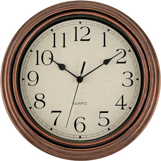 Foxtop Vintage Copper Wall Clock 12 Inch Silent Non Ticking Battery Operated Quartz Round Retro Wall Clock Decorative for Kitchen Bedroom Living Room Office Classroom