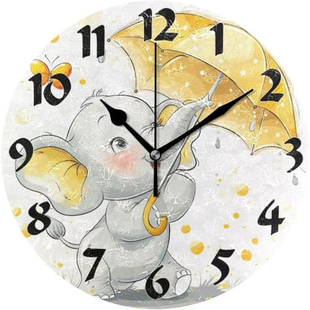 FREEAMG Round Cute Baby Elephant Round Wall Clock Silent Non Ticking Battery Operated Decorative for Kitchen Living Room Bedroom Office 10 in