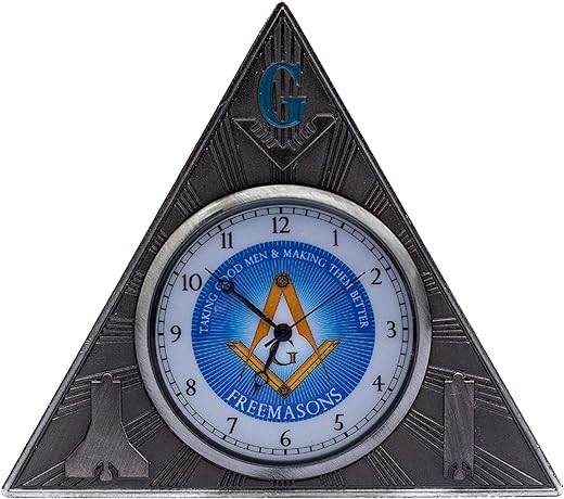 Freemason Masonic Symbol Embossed Triangular Shaped Antique Silver Finish Open Face Desk Clock I White Dial with Arabic Numerals I Packed in a Gift Box