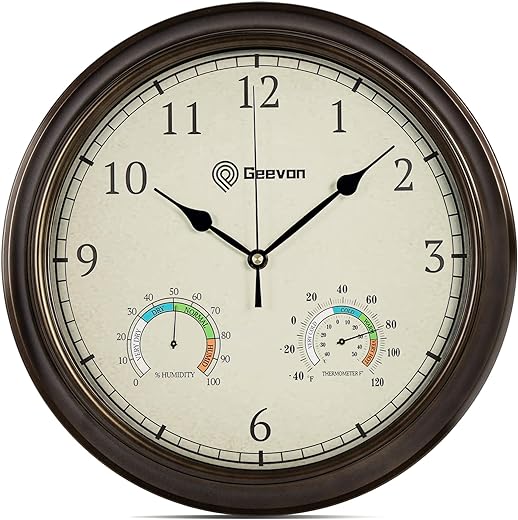 Geevon 14 Inch Retro Wall Clocks Battery Operated with Hygrometer and Thermometer Combo, Silent Wall Clock Non-Ticking Quartz Decorative for Kitchen Living Room School Bedroom