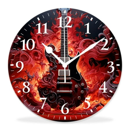 generic 12 inch Round Wall Clock,Guitar in Fire Flame Musical instrument Elegant,Silent Non-Ticking Wall Clock Decor for Home Office Kitchen Living Room Bedroom