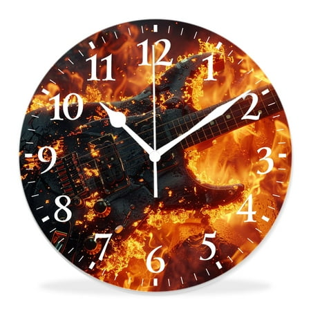 generic Silent Non-Ticking Decorative 12 inch Wall Clock,Guitar in Fire Flame Musical instrument Elegant (2),Round Wall Clocks Decor for Home Office Kitchen Living Room Bedroom