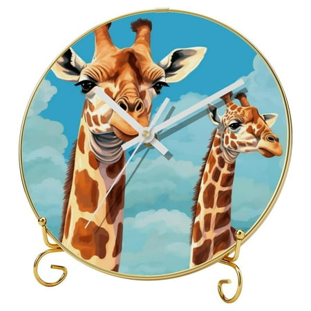 Giraffe Stylish Round Wall Clock with Printed Design, Hooks, and Gold Stand - Silent, Non-Ticking - Versatile for Any Space and Décor