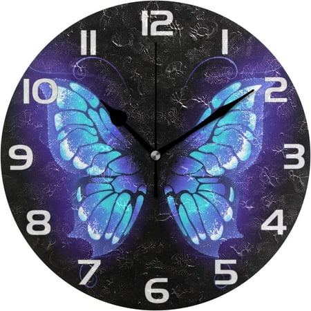 Glowing Purple Butterfly Round Wall Clock Mute Living Room Bathroom Kitchen School, Black 9.9 inches Home Decor