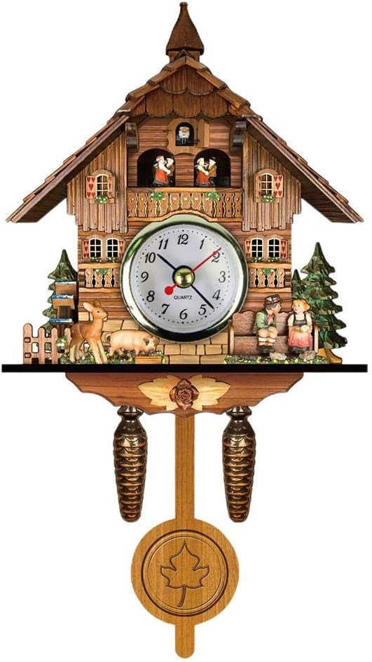 GOWENIC Vintage Wall Clock, Cuckoo Clock, Retro Wooden Cuckoo Birdhouse Wall Clock, Home Decor Hanging Cuckoo Clock Auto Swing Bell Pendulum Home Decor Scandinavian Style (CM010)