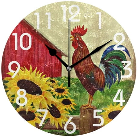 GZHJMY Farm Crowing Rooster Sunflowers Round Wall Clock, 9.5 Inch Battery Operated Quartz Analog Quiet Desk Clock for Home,Kitchen,Office,School,Bathroom