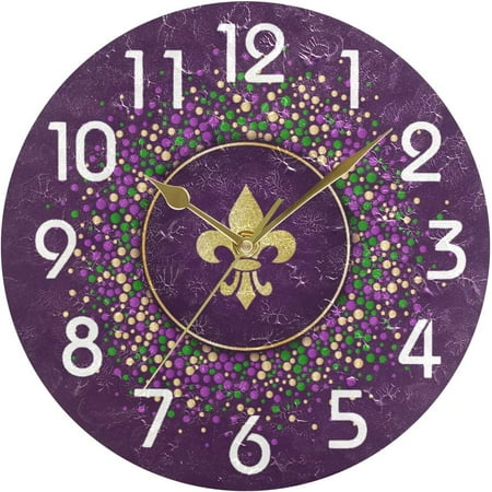 GZHJMY Mardi Gras Carnival Fleur De Lis Pattern Round Wall Clock, 9.5 Inch Battery Operated Quartz Analog Quiet Desk Clock for Home,Kitchen,Office,School,Cafe