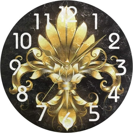 GZHJMY Mardi Gras Carnival Golden Fleur De Lis Round Wall Clock, 9.5 Inch Battery Operated Quartz Analog Quiet Desk Clock for Home,Kitchen,Office,School,Cafe