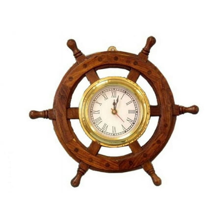 Handcrafted Model Ships Deluxe Class Wood And Brass Ship Wheel Clock 12 in. Ship Wheels Decorative Accent