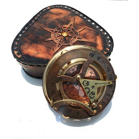 Handmade Brass Sundial Compass- Pocket Sundial -Brass Antiques West London -Beautiful Gift Item (Sundial W/case Design 2)