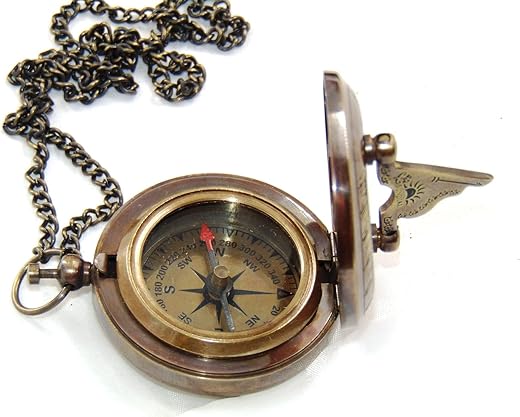 Handmade Brass Sundial Compass with Chain for Traveler Inspirational Adventurer Wedding Baptism Gift Nautical Small Compass.