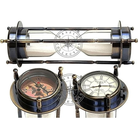 Hanzla Collection Marine Antique Brass Compass Hourglass Nautical Maritime Sand Timer & Desk Clock Vintage Hour Glass Metal Sand Watch Sand Clock Decorative Sandglass for Gift & Home Desk Office Décor