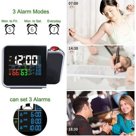 HaokainiProjection Alarm Clock for Bedroom,Digital Project Ceiling Clock, Thermometer Hygrometer Weather Station, 180°Projector, Dimmer, USB Charger, 12/24H, Snooze, LCD Display Dual Alarm Clocks