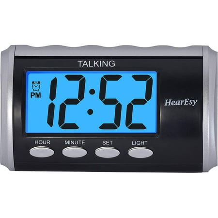 HearEsy Talking Alarm Clock for Visually Impaired - Large Numbers Desk Clock - Day Clock for Seniors - Battery Operated Large Display Alarm Clock - Model 1714-IPS - Silver