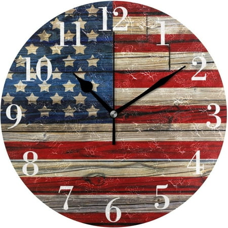 Hidove American Flag Old Painted Wooden Wall Clock 9.8 Inch Silent Round Wall Clock Battery Operated Non Ticking Creative Decorative Clock for Kids Living Room Bedroom Office Kitchen Home Decor