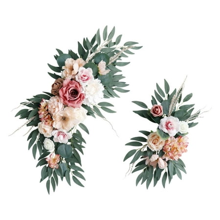 HILABEE 2Pcs Artificial Floral Swag Wedding Arch Flowers Green Leaves Rustic Silk Flowers Welcome Sign Decoration for Ceremony Window bean paste pink