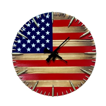 Hot Sale！Wooden American Flag Wall Clock with Bullets,No Ticking Silent American Flag Wall Clock Battery Operated Quartz Clock,Round American Flag Digital Wall Clock,for Home Office Decoration