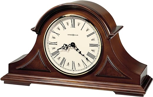 Howard Miller Burton II Mantel Clock 635-107 – Windsor Cherry Finish, Decorative Top Molding, Triangular Burl Overlays, Quartz, Triple-Chime Harmonic Movement